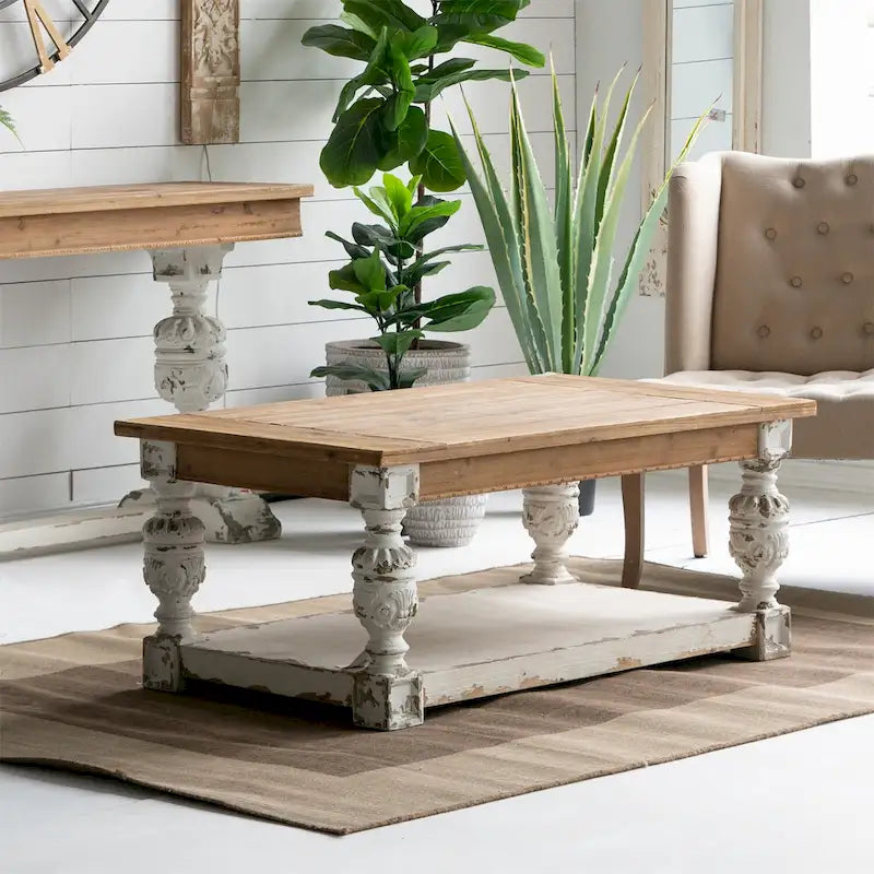 Rechthoekige antiek witgewassen houten koffietafel