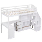 Hochbett in Twin-Größe mit L-förmigem Schreibtisch, 3 Schubladen, Schrank und Stauraum in der Treppe, Konstruktion aus massivem Kiefernholz/MDF