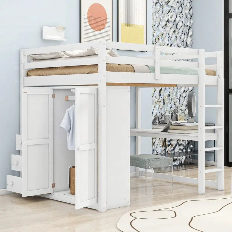 Hochbett aus Holz in voller Größe mit integriertem Kleiderschrank, Schreibtisch, Ablagefächern und Schubladen