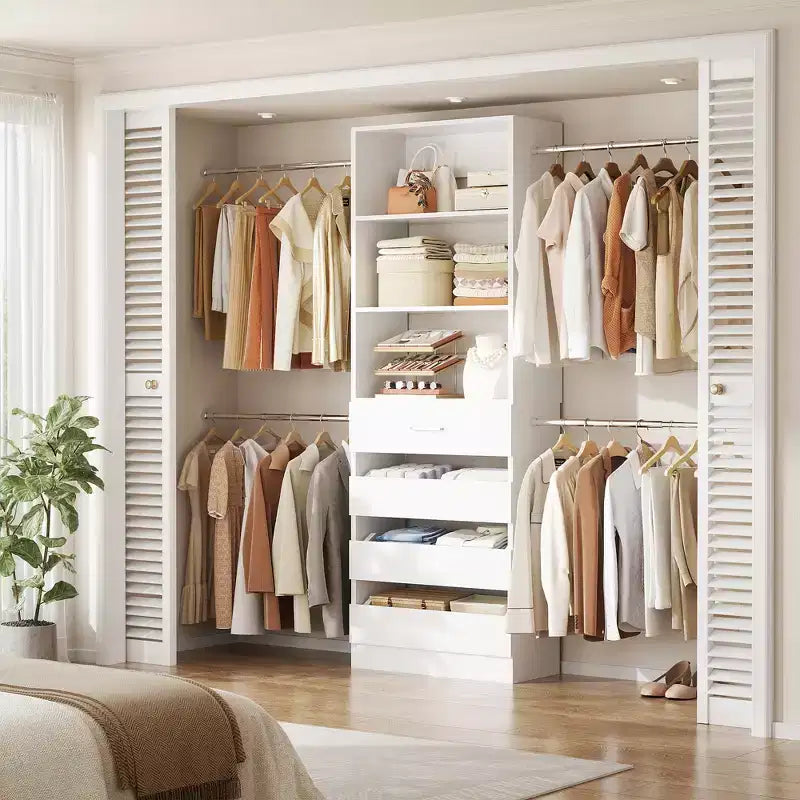 Besiost Holz-Kleiderschrank-Organizersystem für 1,2–2,7 m mit 4 Schubladen, 4 Kleiderstangen und Regaltürmen