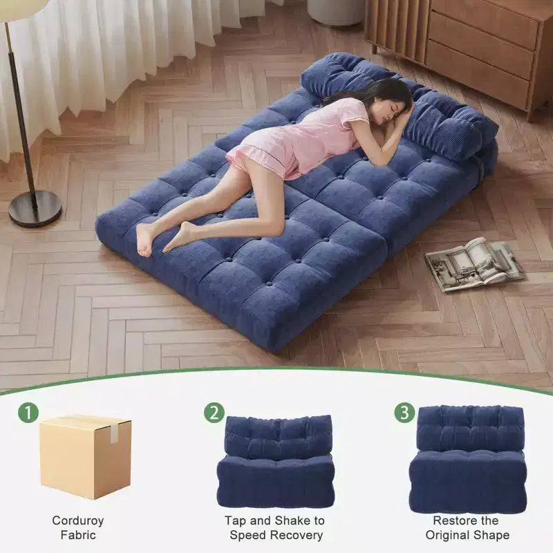 Divano letto futon pieghevole in velluto a coste, poltrona letto trasformabile da pavimento con cuscino e supporto per la schiena