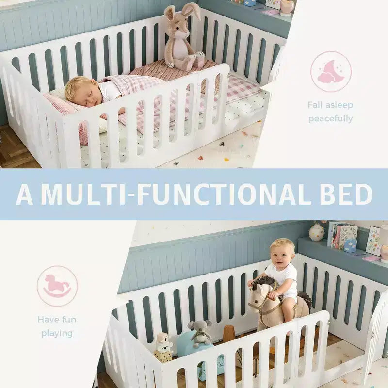 Letto singolo Montessori bianco da pavimento con sponde di sicurezza e porticina ??Legno massello, 1 bambino