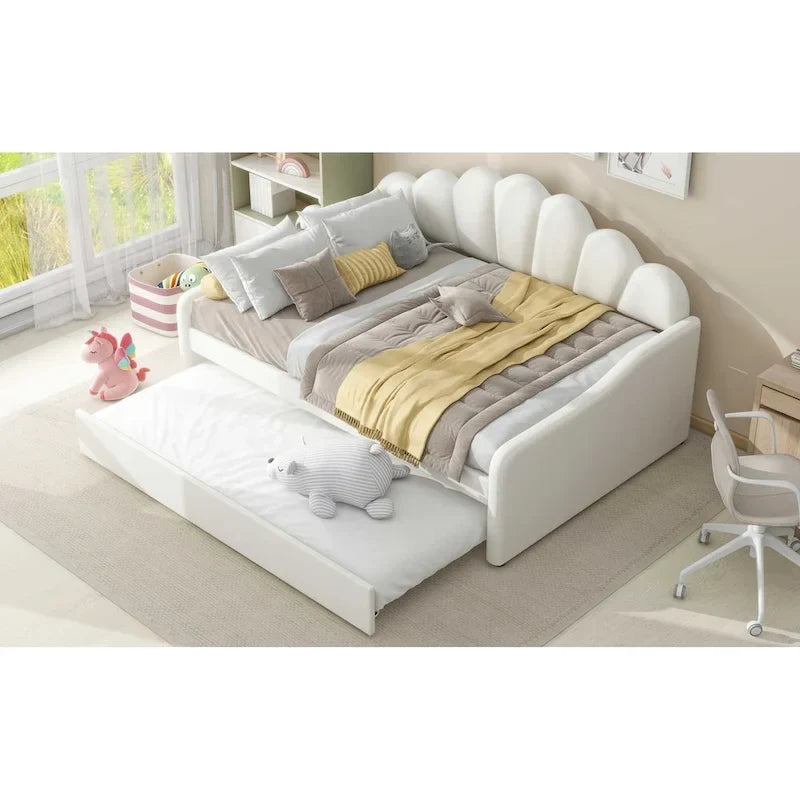 Divã estofado de tamanho Full com encosto em concha e cama extra