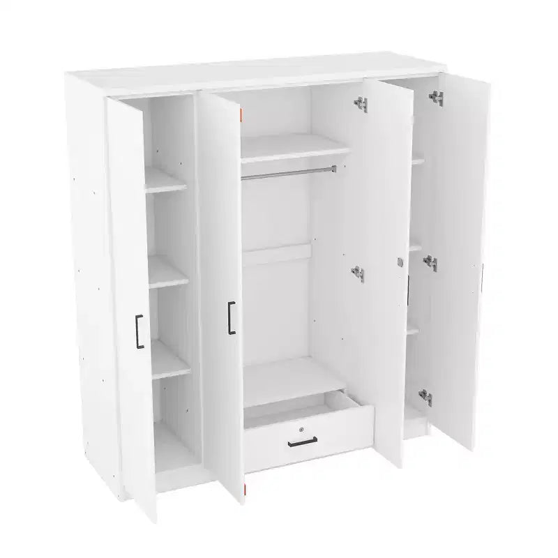 Armoire-penderie en bois à 4 portes avec tringle, 1 tiroir et étagères de rangement
