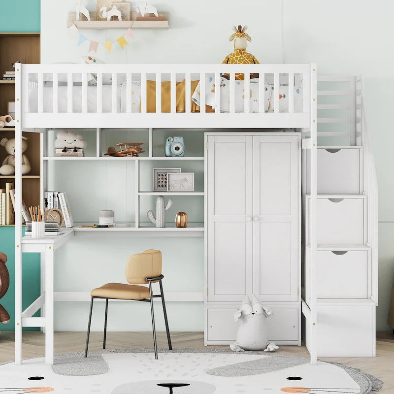 Lit mezzanine double en pin avec bureau et rangement