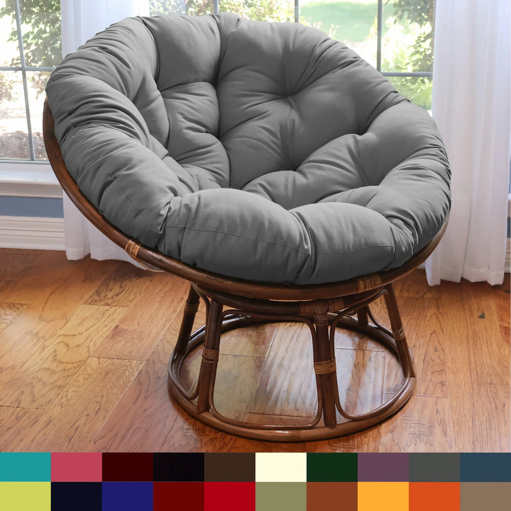 Bali Rattan-Papasan-Sessel mit 42-Zoll-Durchmesser und Köperstoffkissen