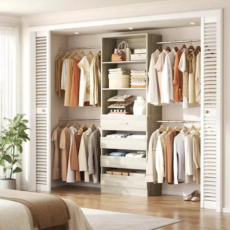 Besiost Holz-Kleiderschrank-Organizersystem für 1,2–2,7 m mit 4 Schubladen, 4 Kleiderstangen und Regaltürmen