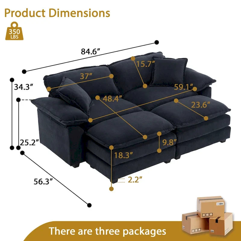 Zweisitzer-Sofa mit 2 Sitzkissen, 2 Kissen und 2 Hockern, bequemes Sofa – tiefes Wohnzimmer-Sofa, modulares Sofa