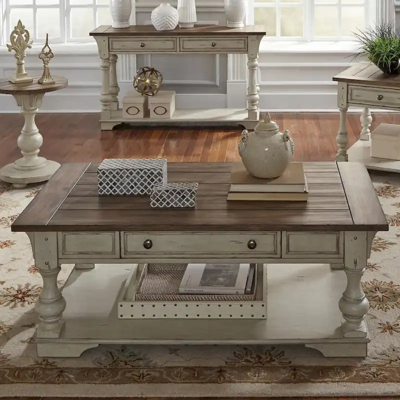 Mesa de apoio Morgan Creek em branco antigo com escovado de arame e detalhes de tabaco