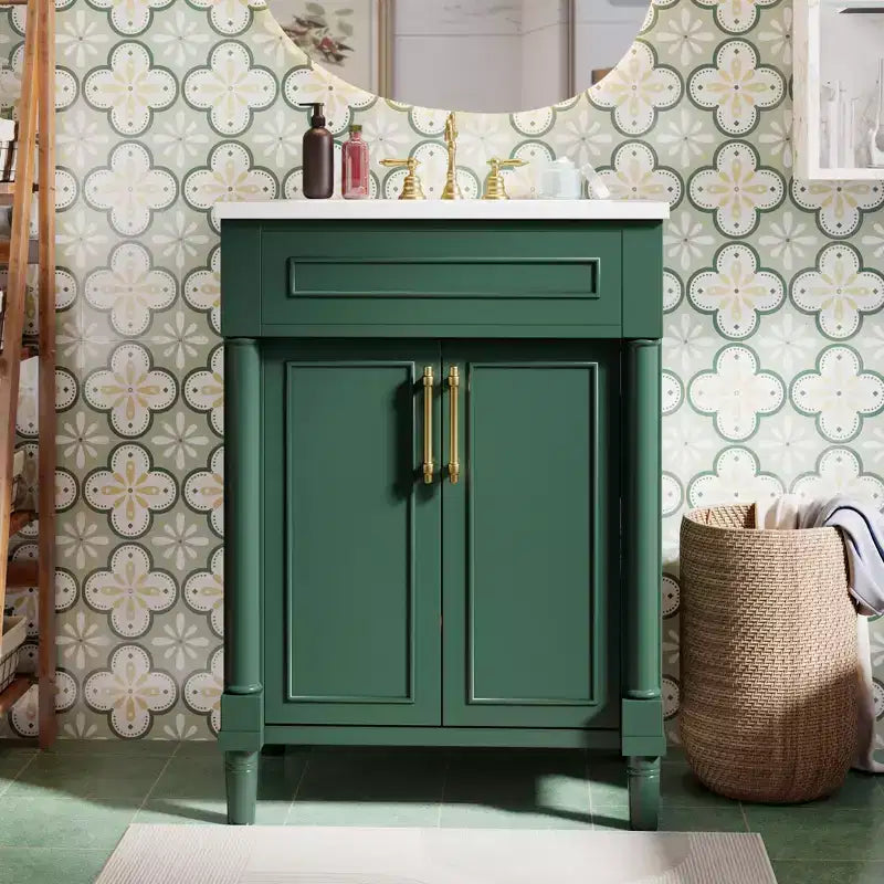 Meuble-lavabo de salle de bains de 24 pouces avec lavabo en céramique, meuble de style Shaker, 2 portes à fermeture amortie et structure en bois massif pour petite salle de bains ou cabinet de toilette