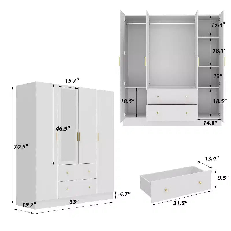 Roupeiro Hitow com 2 gavetas grandes, área central para pendurar roupa e espelho, estilo minimalista