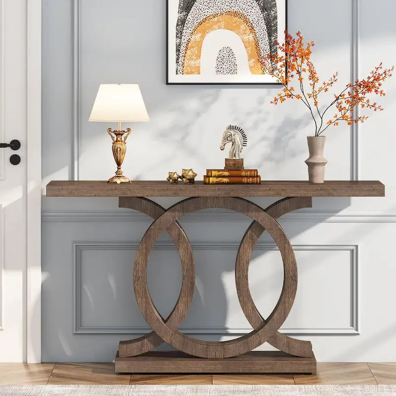 Mesa de consola vintage com base geométrica, mesa de madeira para corredor