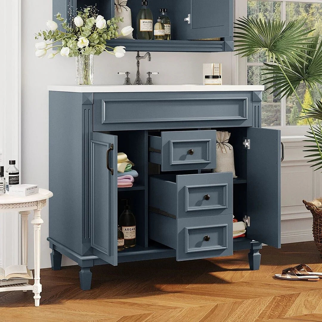36-Zoll moderner Waschtischunterschrank mit Aufsatzwaschbecken und Spiegelschrank, 2 Türen und 2 Schubladen