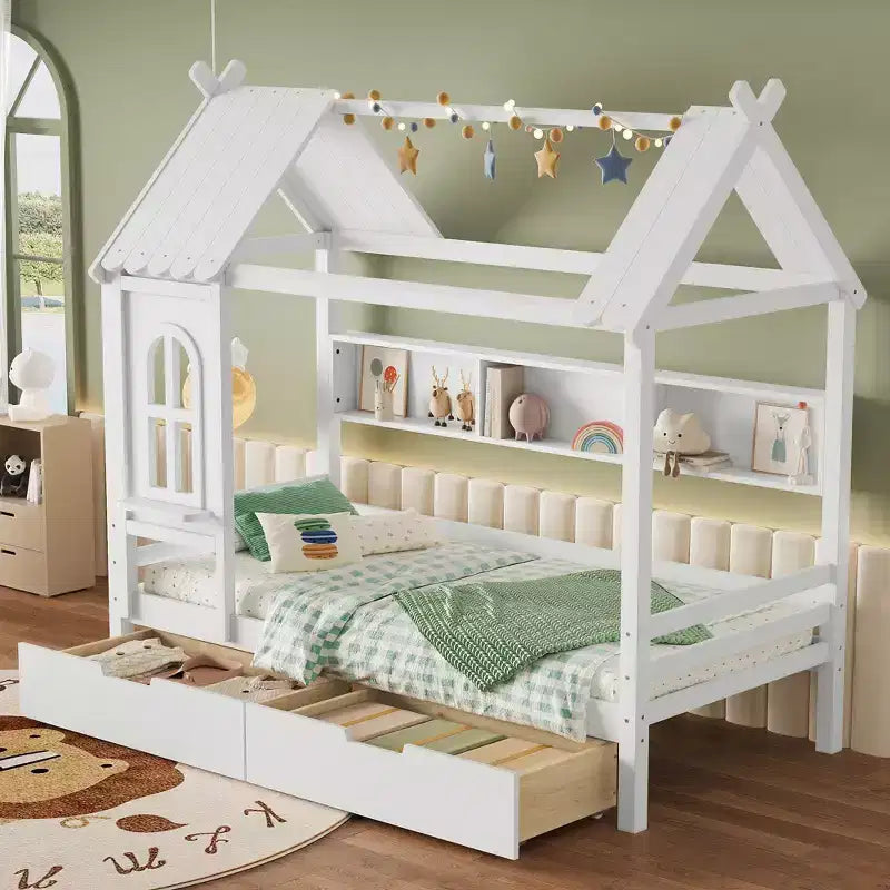 Huisbed met opbergladen en raam, frame van massief hout met planken, speels kinderdesign, lichtwit
