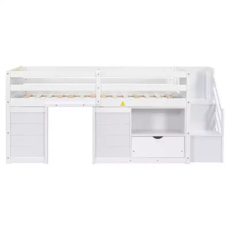 Letto rialzato basso singolo in legno massello da 94,6 L x 42,3 L, con scala, cassetto e ripiano, design moderno e pulito