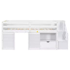 Letto rialzato basso singolo in legno massello da 94,6 L x 42,3 L, con scala, cassetto e ripiano, design moderno e pulito