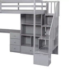 Hochbett in Twin-Größe mit L-förmigem Schreibtisch, 3 Schubladen, Schrank und Stauraum in der Treppe, Konstruktion aus massivem Kiefernholz/MDF