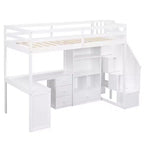 Hochbett in Twin-Größe mit L-förmigem Schreibtisch, 3 Schubladen, Schrank und Stauraum in der Treppe, Konstruktion aus massivem Kiefernholz/MDF