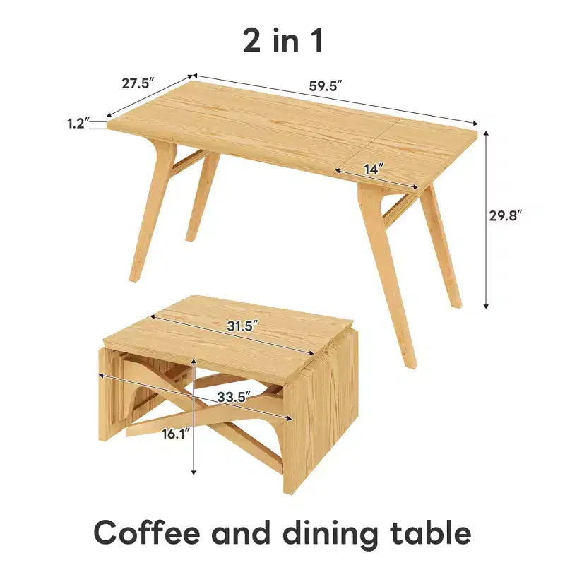 2-in-1-salontafel, uitschuifbare eettafel, tafel met verstelbare hoogte voor thuis en kantoor, ruimtebesparend - ModernLuxe