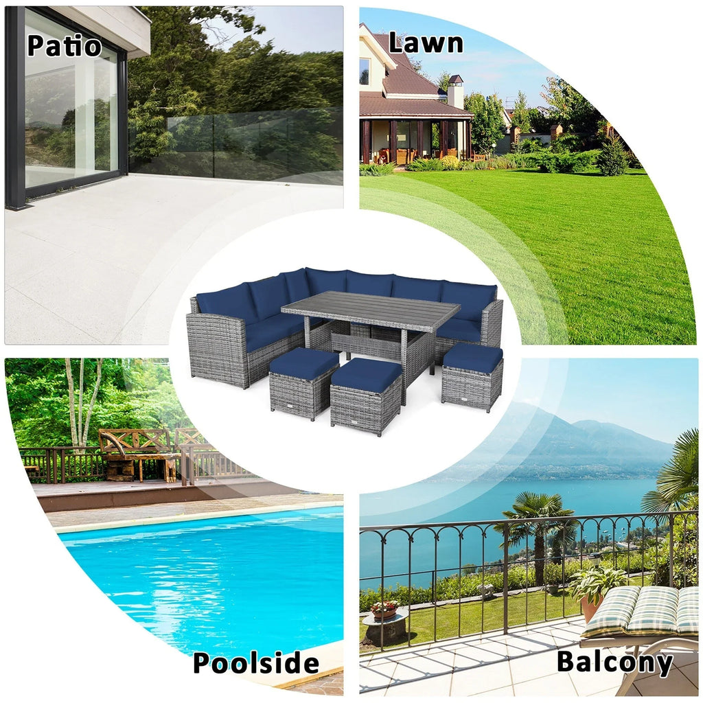 Costway 7-teiliges Dining-Set aus Polyrattan für die Terrasse mit Ecksofa, Couch und Hocker – Details anzeigen