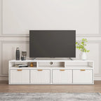 Mobile TV angolare moderno bianco con 2 cassetti e vani portaoggetti aperti