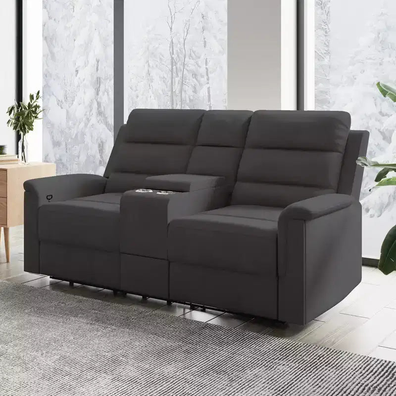 Beige-graues Relaxsofa aus Tech-Gewebe, 2-Sitzer, mit verstellbarer Rückenlehne und Fußstütze