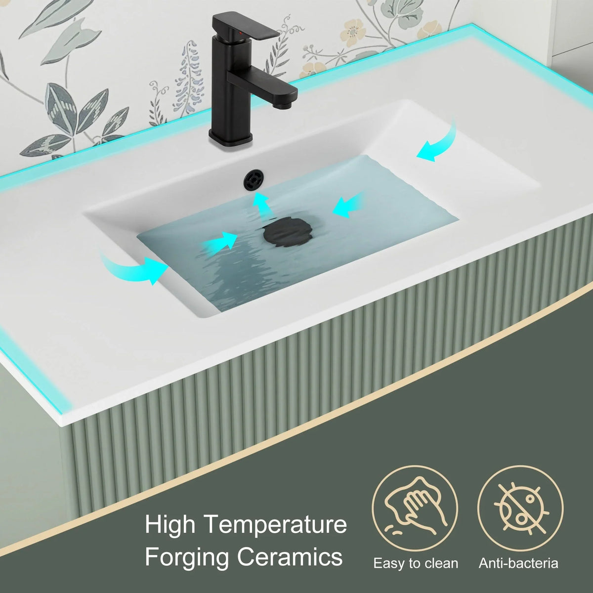 Wavy Line Badezimmermöbel-Set mit Waschbecken und Wasserhahn, 30/36/48 Zoll