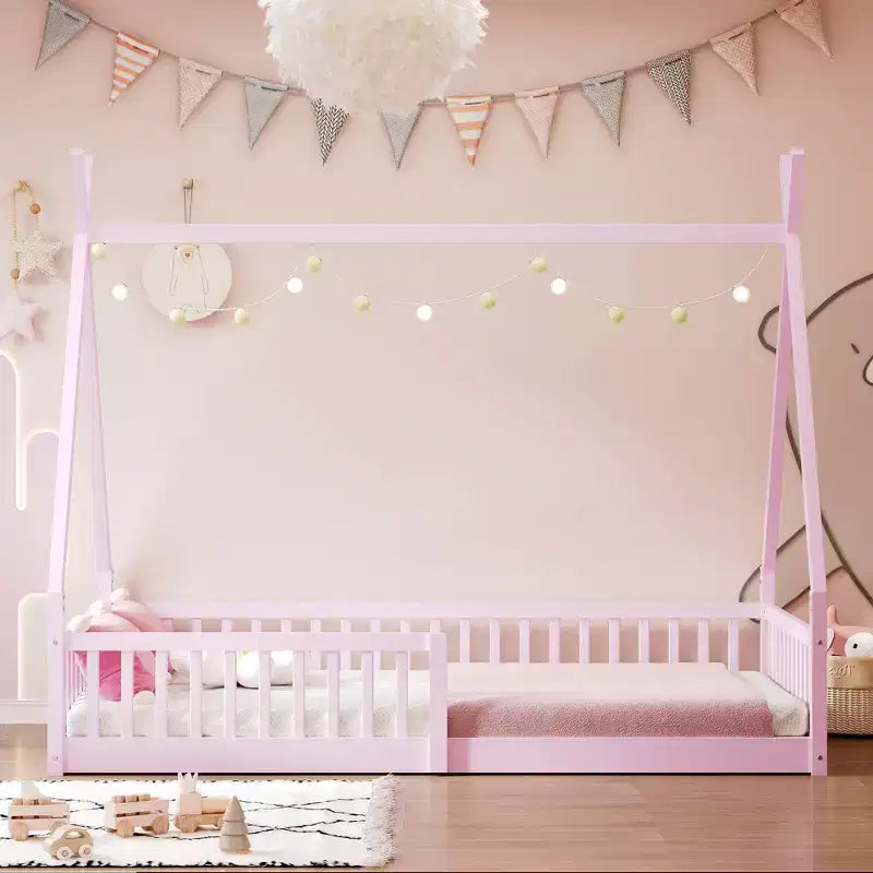 Lit au sol pour enfants, lits-tentes 1 place, lit Montessori au sol avec lattes et barrières, cadre de lit cabane en bois pour garçons et filles