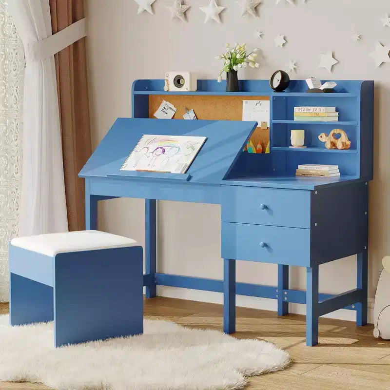 Ensemble bureau et chaise pour enfants, table d’étude en bois avec plateau inclinable réglable, tiroirs et tableau en liège – ensemble bureau d’apprentissage scolaire pour enfants