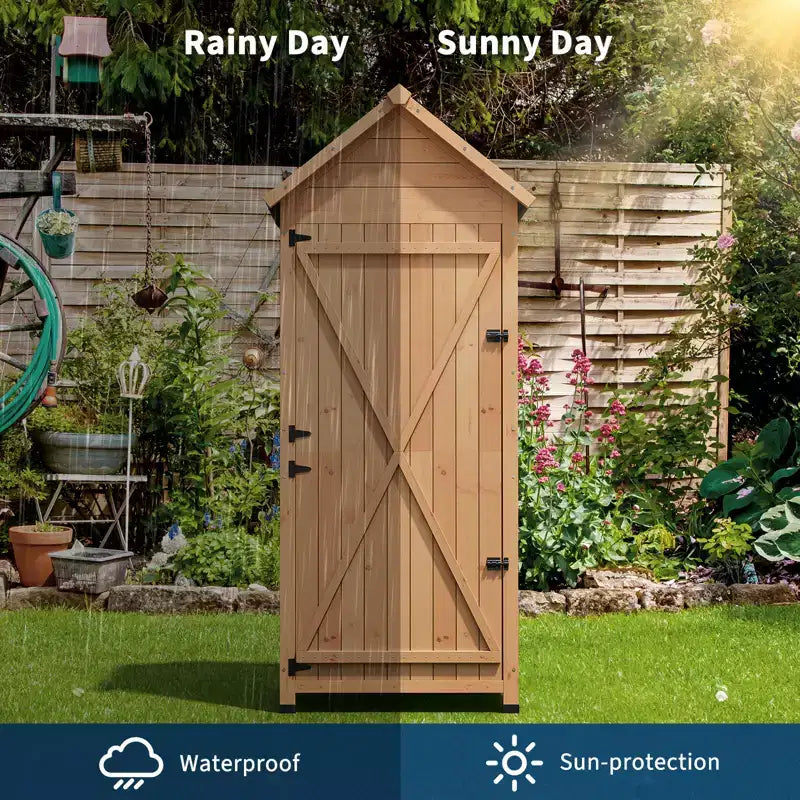 Wodoodporna drewniana szafka narzędziowa do użytku na zewnątrz, zamykane podwójne drzwi, 3 regulowane półki i spadzisty dach, oszczędzający miejsce schowek na taras, podwórko lub trawnik