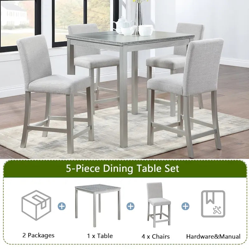 Modernes 5-teiliges Esszimmer-Set mit quadratischem Tisch in Tresenhöhe und 4 gepolsterten Stühlen