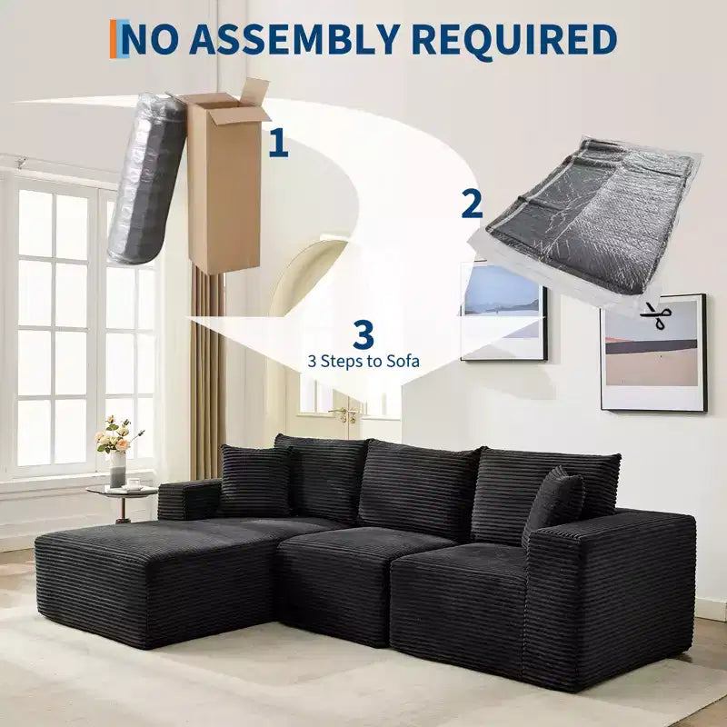 108 modernes Sofa, 3-Sitzer-Sofa in L-Form mit Polsterbezug und Kissen, Sofa mit tiefer Sitzfläche, keine Montage erforderlich