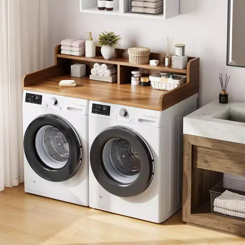 Dessus de lave-linge et sèche-linge en bois, plan de travail de buanderie de 54 po avec étagère de rangement à 2 niveaux, surface de travail antidérapante avec rebords pour l'organisation de la buanderie