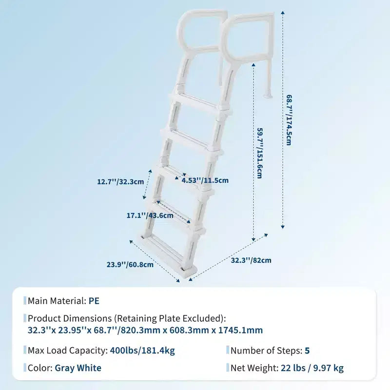 Échelle de piscine robuste à 5 marches avec deux mains courantes, marches solides en PE antidérapantes, capacité de 181 kg, compatible avec les piscines enterrées et hors sol de 122 à 137 cm