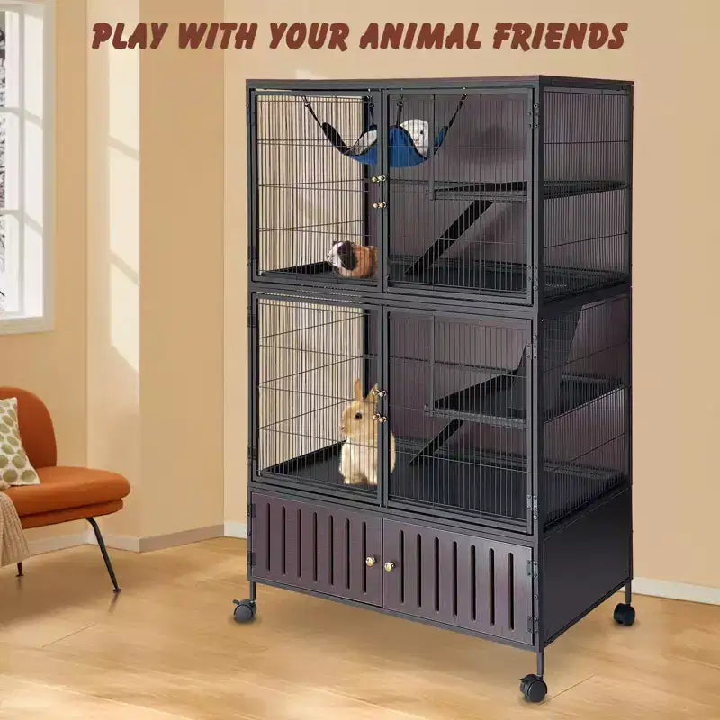 Cage pour petits animaux, cage pour furet : habitat à 5 niveaux de 59 po avec meuble de rangement, comprend un hamac, des roulettes, des rampes amovibles et des bacs faciles à nettoyer