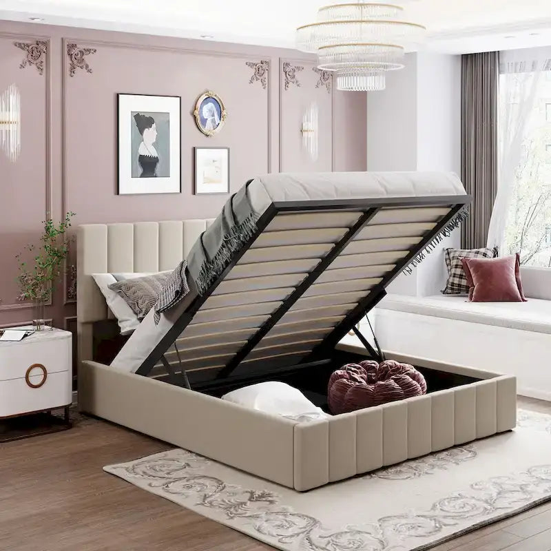 Polsterbett in Queen-Size-Größe mit hydraulischem Stauraumsystem – Beige