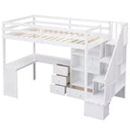 Hochbett in Twin-Größe mit L-förmigem Schreibtisch, 3 Schubladen, Schrank und Stauraum in der Treppe, Konstruktion aus massivem Kiefernholz/MDF