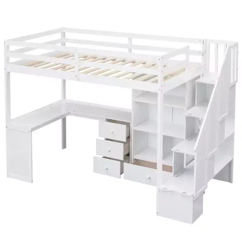 Hochbett in Twin-Größe mit L-förmigem Schreibtisch, 3 Schubladen, Schrank und Stauraum in der Treppe, Konstruktion aus massivem Kiefernholz/MDF