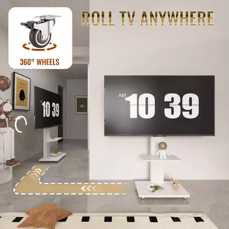 TV stolek pro televizory 32-75, mobilní TV vozík s nastavitelnou výškou, zásuvkou a kolečky do obývacího pokoje, ložnice nebo kanceláře -ModernLuxe