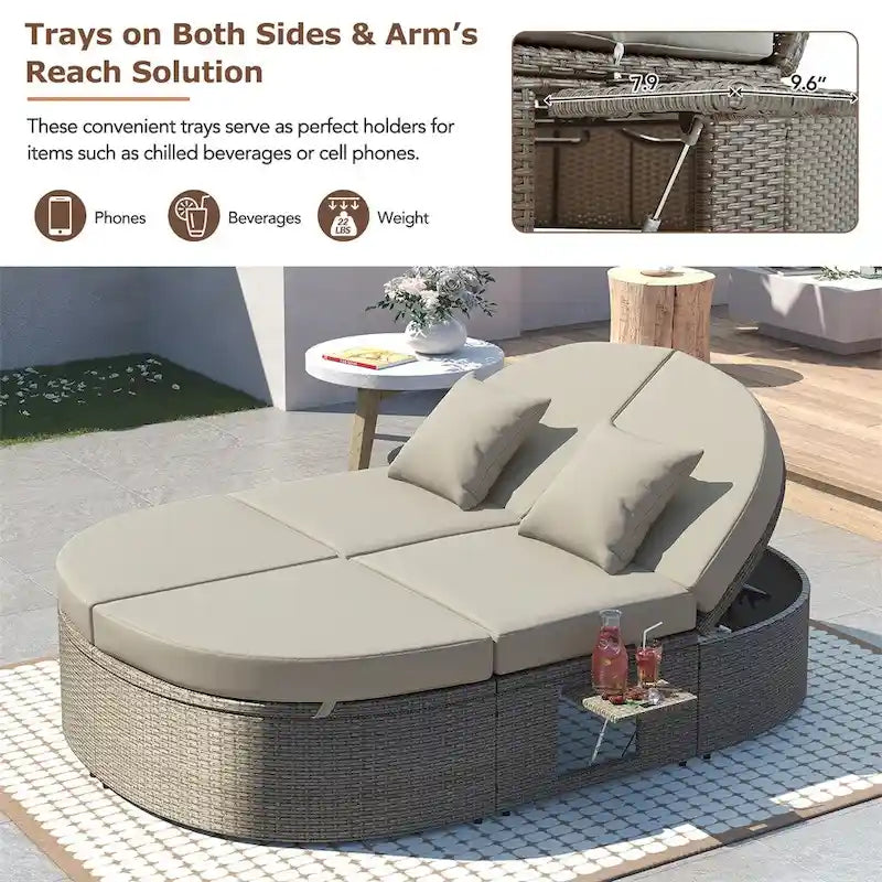 Letto prendisole da esterno per patio, daybed per 2 persone con cuscini e guanciali