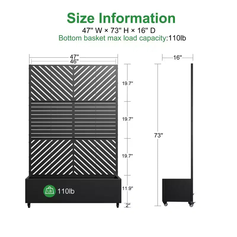 MAYEERTY truhlík s mříží, železo, černý, paralelní linie 01, lamelový klasický kombinovaný styl, 72x47x16in, sada 3 kusů