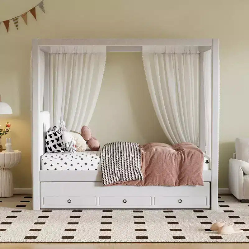 Cama de plataforma com dossel estofada em linho, tamanho de casal, com cama auxiliar e três gavetas de arrumação