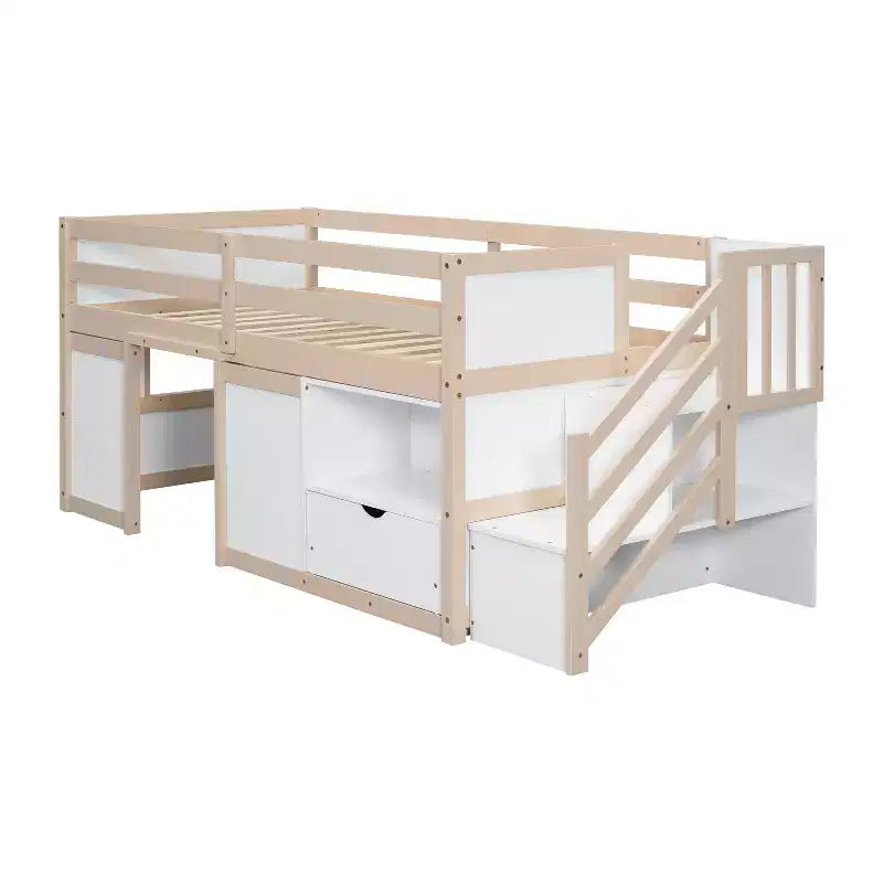 Letto rialzato basso singolo in legno massello da 94,6 L x 42,3 L, con scala, cassetto e ripiano, design moderno e pulito
