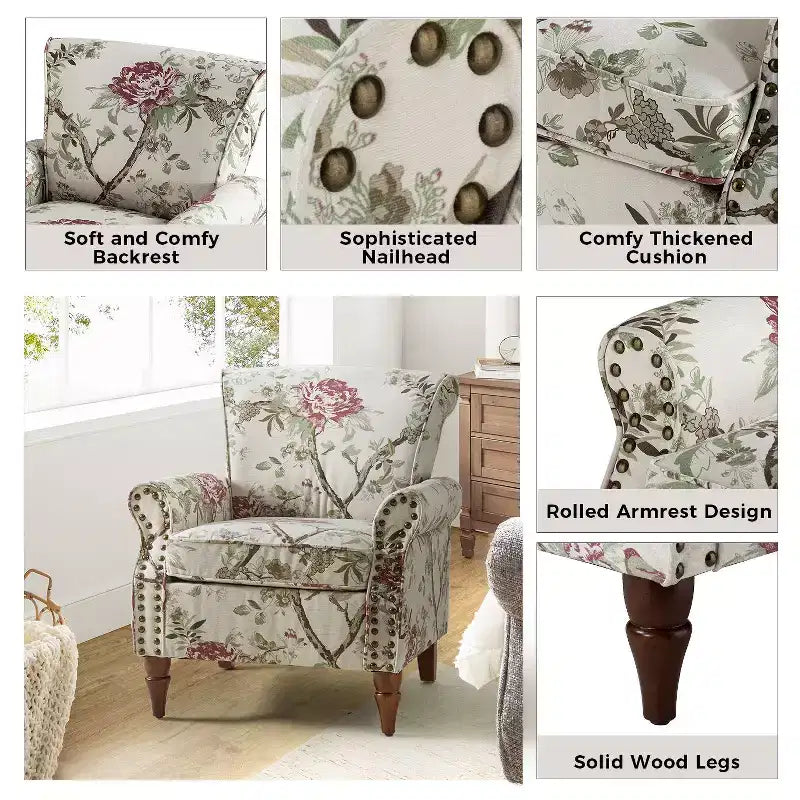 Araceli, tradiční dřevěné čalouněné květinové křeslo s vysokým opěradlem a zdobením hřebíčky | ART OF LIVING DESIGNS