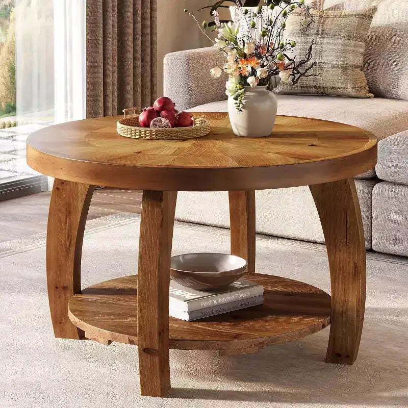 Lantine runder Couchtisch aus Massivholz, 2-stufiger Beistelltisch mit Stauraum, 31,5-Zoll-Tischplatte mit Mosaikmuster, einfache Montage, für das Wohnzimmer, Braun