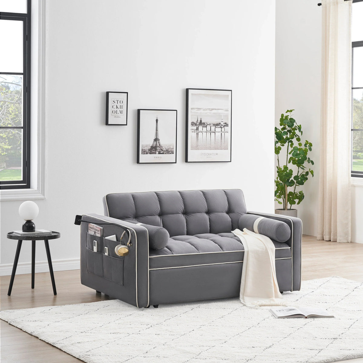 Sofá-Cama Convertível de Veludo para 2 Pessoas, com 55', Cama Extensível, Encosto Reclinável Ajustável, Bolsos Laterais e Suporte para Telemóvel