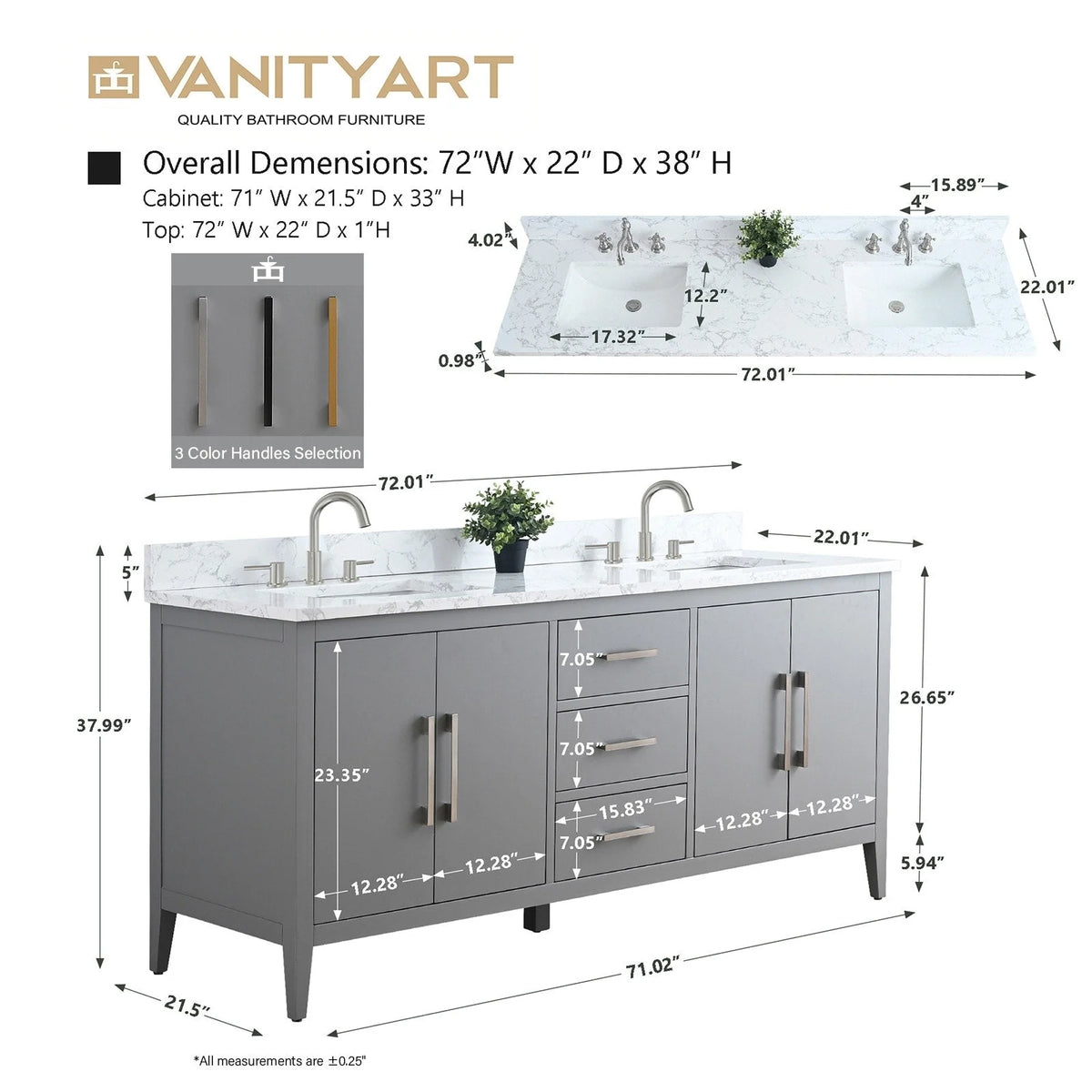 Mobile bagno Vanity Art 72 con doppio lavabo e piano in marmo composito
