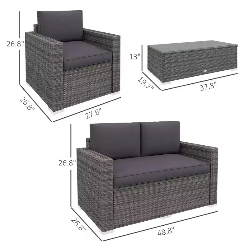Ensemble de canapé en rotin de 4 pièces, salon de jardin en résine tressée avec causeuse, fauteuils et table basse avec plateau en verre pour l’extérieur