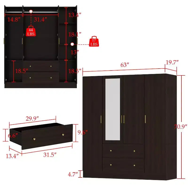 Roupeiro Hitow com 2 gavetas grandes, área central para pendurar roupa e espelho, estilo minimalista