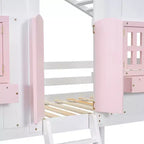 Cama alta de tamanho Twin em forma de casa, cama alta de madeira tipo casinha com escada e barreiras de proteção para crianças
